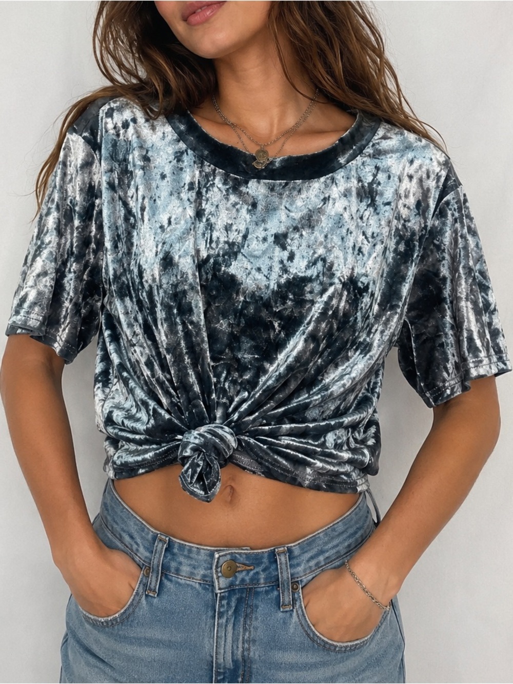 Velvet Tie Front Crop Top Blue Silver Short Sleeve Trendy Soft Tee Small/Medium